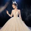 Luxus / Herrlich Champagner Durchsichtige Brautkleider / Hochzeitskleider 2020 Ballkleid Eckiger Ausschnitt 3/4 Ärmel Rückenfreies Glanz Tülle Perlenstickerei Kathedrale Schleppe Rüschen