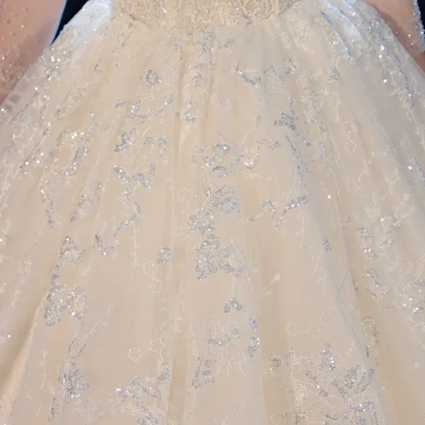 Luxus / Herrlich Champagner Durchsichtige Brautkleider / Hochzeitskleider 2020 Ballkleid Eckiger Ausschnitt 3/4 Ärmel Rückenfreies Glanz Tülle Perlenstickerei Kathedrale Schleppe Rüschen