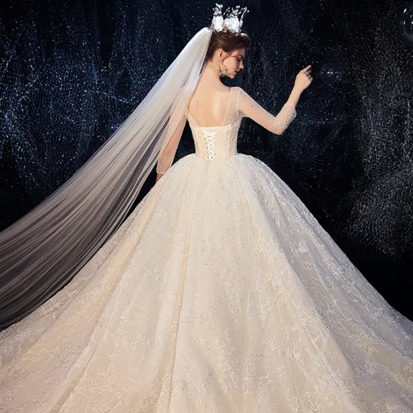 Luxus / Herrlich Champagner Durchsichtige Brautkleider / Hochzeitskleider 2020 Ballkleid Eckiger Ausschnitt 3/4 Ärmel Rückenfreies Glanz Tülle Perlenstickerei Kathedrale Schleppe Rüschen