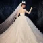 Luxus / Herrlich Champagner Durchsichtige Brautkleider / Hochzeitskleider 2020 Ballkleid Eckiger Ausschnitt 3/4 Ärmel Rückenfreies Glanz Tülle Perlenstickerei Kathedrale Schleppe Rüschen