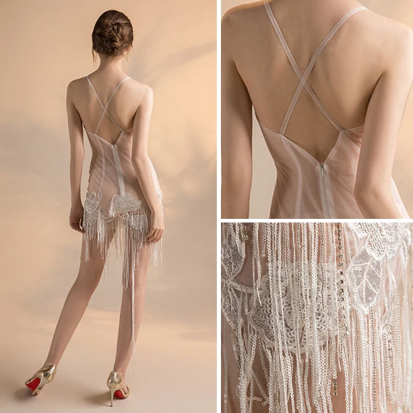 Sexy Ivoire Transparentes Robe De Fete 2018 Princesse Sans Manches Bretelles Spaghetti Appliques Paillettes Perlage Gland Courte Dos Nu Robe De Ceremonie