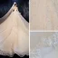 Luxus / Herrlich Champagner Durchsichtige Brautkleider / Hochzeitskleider 2020 Ballkleid Eckiger Ausschnitt 3/4 Ärmel Rückenfreies Glanz Tülle Perlenstickerei Kathedrale Schleppe Rüschen