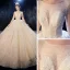 Luxus / Herrlich Champagner Durchsichtige Brautkleider / Hochzeitskleider 2020 Ballkleid Eckiger Ausschnitt 3/4 Ärmel Rückenfreies Glanz Tülle Perlenstickerei Kathedrale Schleppe Rüschen