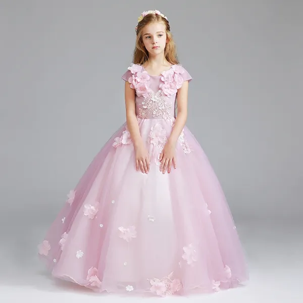 Chic / Beautiful Candy Pink Flower Girl Dresses 2017 Ball Gown Scoop Neck Cap Sleeves Appliques Flower Floor-Length / Long Ruffle Wedding Party Dresses