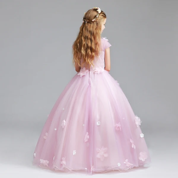 Chic / Beautiful Candy Pink Flower Girl Dresses 2017 Ball Gown Scoop Neck Cap Sleeves Appliques Flower Floor-Length / Long Ruffle Wedding Party Dresses