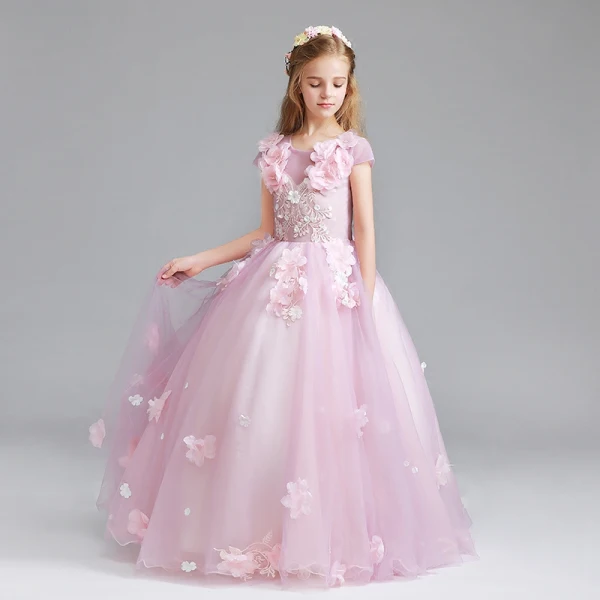 Chic / Beautiful Candy Pink Flower Girl Dresses 2017 Ball Gown Scoop Neck Cap Sleeves Appliques Flower Floor-Length / Long Ruffle Wedding Party Dresses
