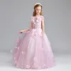 Chic / Beautiful Candy Pink Flower Girl Dresses 2017 Ball Gown Scoop Neck Cap Sleeves Appliques Flower Floor-Length / Long Ruffle Wedding Party Dresses