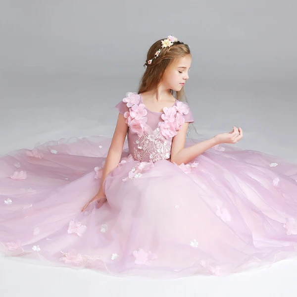Chic / Beautiful Candy Pink Flower Girl Dresses 2017 Ball Gown Scoop Neck Cap Sleeves Appliques Flower Floor-Length / Long Ruffle Wedding Party Dresses