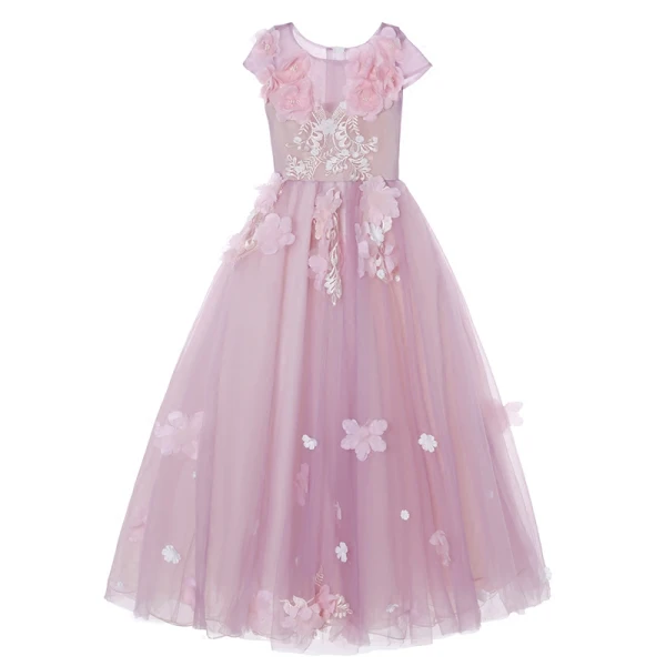 Chic / Beautiful Candy Pink Flower Girl Dresses 2017 Ball Gown Scoop Neck Cap Sleeves Appliques Flower Floor-Length / Long Ruffle Wedding Party Dresses