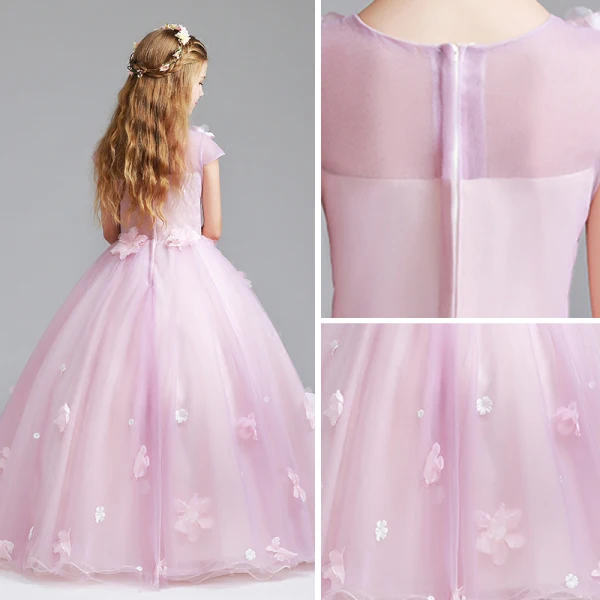 Chic / Beautiful Candy Pink Flower Girl Dresses 2017 Ball Gown Scoop Neck Cap Sleeves Appliques Flower Floor-Length / Long Ruffle Wedding Party Dresses