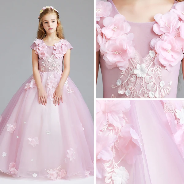 Chic / Beautiful Candy Pink Flower Girl Dresses 2017 Ball Gown Scoop Neck Cap Sleeves Appliques Flower Floor-Length / Long Ruffle Wedding Party Dresses