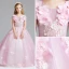 Chic / Beautiful Candy Pink Flower Girl Dresses 2017 Ball Gown Scoop Neck Cap Sleeves Appliques Flower Floor-Length / Long Ruffle Wedding Party Dresses