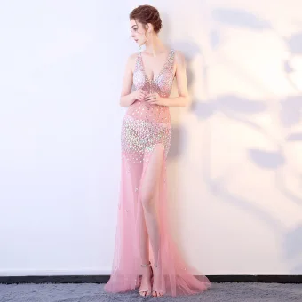 Sexy Candy Pink See Through Evening Dresses 2018 Trumpet Mermaid V Neck Sleeveless Appliques Sequins Split Front Sweep Train Ruffle Backless Formal Dresses