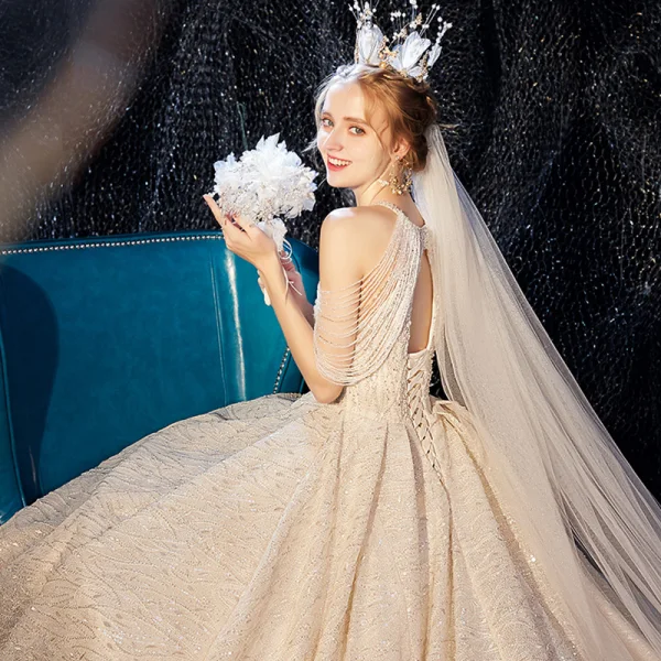 Luxury / Gorgeous Champagne Wedding Dresses 2020 Ball Gown Scoop Neck Sleeveless Backless Beading Glitter Tulle Cathedral Train Ruffle
