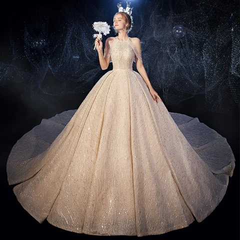 Magnífico Champán Vestidos De Novia 2020 Ball Gown Scoop Escote Sin Mangas Sin Espalda Rebordear Glitter Tul Cathedral Train Ruffle