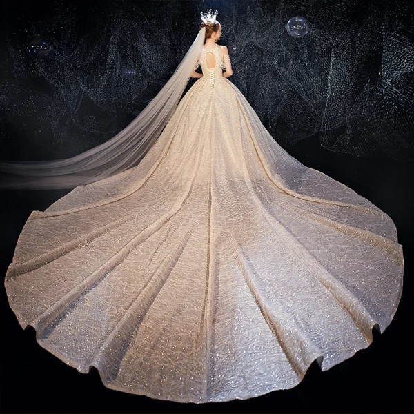Luxury / Gorgeous Champagne Wedding Dresses 2020 Ball Gown Scoop Neck Sleeveless Backless Beading Glitter Tulle Cathedral Train Ruffle