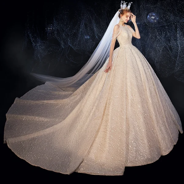 Luxury / Gorgeous Champagne Wedding Dresses 2020 Ball Gown Scoop Neck Sleeveless Backless Beading Glitter Tulle Cathedral Train Ruffle