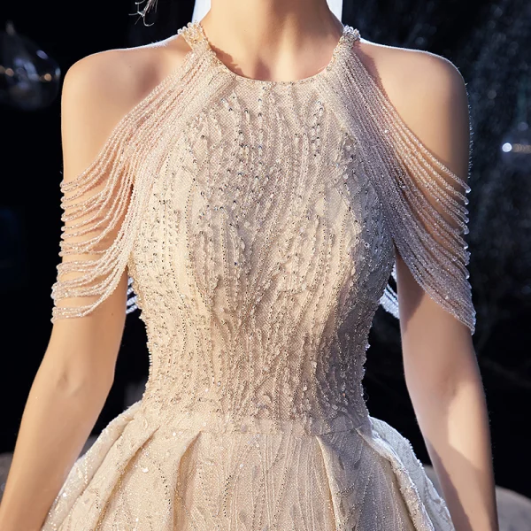 Luxury / Gorgeous Champagne Wedding Dresses 2020 Ball Gown Scoop Neck Sleeveless Backless Beading Glitter Tulle Cathedral Train Ruffle