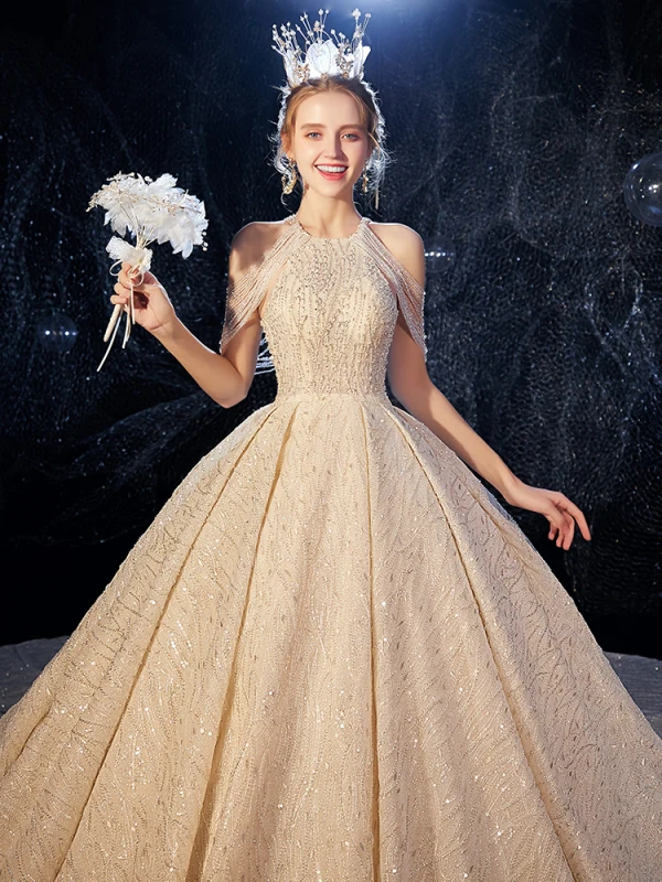 Luxury / Gorgeous Champagne Wedding Dresses 2020 Ball Gown Scoop Neck Sleeveless Backless Beading Glitter Tulle Cathedral Train Ruffle
