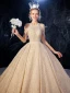 Luxury / Gorgeous Champagne Wedding Dresses 2020 Ball Gown Scoop Neck Sleeveless Backless Beading Glitter Tulle Cathedral Train Ruffle