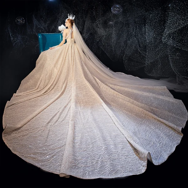 Luxury / Gorgeous Champagne Wedding Dresses 2020 Ball Gown Scoop Neck Sleeveless Backless Beading Glitter Tulle Cathedral Train Ruffle