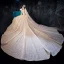 Luxury / Gorgeous Champagne Wedding Dresses 2020 Ball Gown Scoop Neck Sleeveless Backless Beading Glitter Tulle Cathedral Train Ruffle