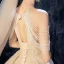 Luxury / Gorgeous Champagne Wedding Dresses 2020 Ball Gown Scoop Neck Sleeveless Backless Beading Glitter Tulle Cathedral Train Ruffle
