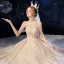 Luxury / Gorgeous Champagne Wedding Dresses 2020 Ball Gown Scoop Neck Sleeveless Backless Beading Glitter Tulle Cathedral Train Ruffle