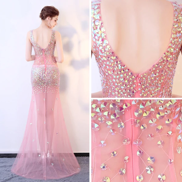 Sexy Pink Durchsichtige Abendkleider 2018 Meerjungfrau V-Ausschnitt Ärmellos Applikationen Pailletten Gespaltete Front Sweep / Pinsel Zug Rüschen Rückenfreies Festliche Kleider