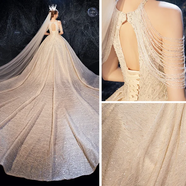 Luxury / Gorgeous Champagne Wedding Dresses 2020 Ball Gown Scoop Neck Sleeveless Backless Beading Glitter Tulle Cathedral Train Ruffle