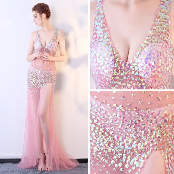 Sexy Pink Durchsichtige Abendkleider 2018 Meerjungfrau V-Ausschnitt Ärmellos Applikationen Pailletten Gespaltete Front Sweep / Pinsel Zug Rüschen Rückenfreies Festliche Kleider