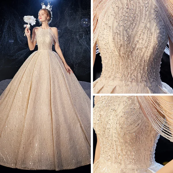 Luxury / Gorgeous Champagne Wedding Dresses 2020 Ball Gown Scoop Neck Sleeveless Backless Beading Glitter Tulle Cathedral Train Ruffle