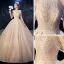 Luxury / Gorgeous Champagne Wedding Dresses 2020 Ball Gown Scoop Neck Sleeveless Backless Beading Glitter Tulle Cathedral Train Ruffle