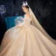 Lyx Champagne Bröllopsklänningar 2020 Balklänning Av Axeln Bell ärmar 3/4 ärm Halterneck Glittriga / Glitter Tyll Appliqués Spets Rhinestone Cathedral Train Ruffle