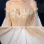 Lyx Champagne Bröllopsklänningar 2020 Balklänning Av Axeln Bell ärmar 3/4 ärm Halterneck Glittriga / Glitter Tyll Appliqués Spets Rhinestone Cathedral Train Ruffle