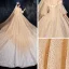 Lyx Champagne Bröllopsklänningar 2020 Balklänning Av Axeln Bell ärmar 3/4 ärm Halterneck Glittriga / Glitter Tyll Appliqués Spets Rhinestone Cathedral Train Ruffle