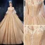 Lyx Champagne Bröllopsklänningar 2020 Balklänning Av Axeln Bell ärmar 3/4 ärm Halterneck Glittriga / Glitter Tyll Appliqués Spets Rhinestone Cathedral Train Ruffle