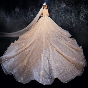 Elegant Champagne Wedding Dresses 2020 Ball Gown Flower Spaghetti Straps Deep V Neck Sleeveless Backless Glitter Tulle Appliques Lace Sequins Beading Cathedral Train Ruffle