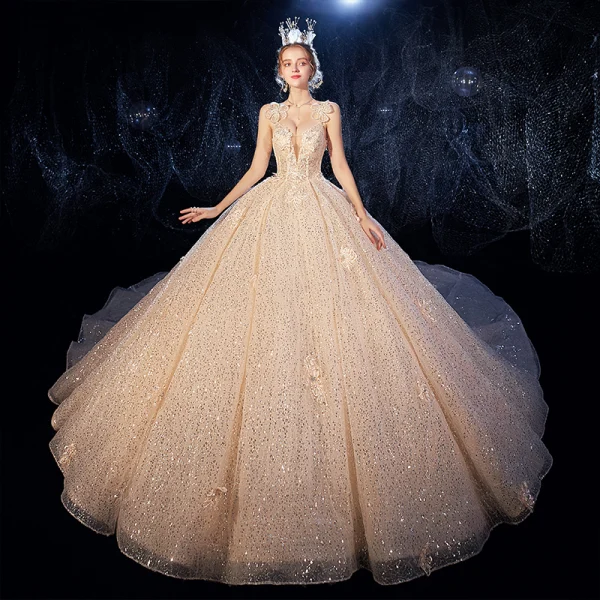 Elegant Champagne Wedding Dresses 2020 Ball Gown Flower Spaghetti Straps Deep V-Neck Sleeveless Backless Glitter Tulle Appliques Lace Sequins Beading Cathedral Train Ruffle