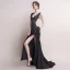 Sexy Noire Transparentes Robe De Soirée 2018 Trompette / Sirène V-Cou Sans Manches Faux Diamant Perlage Fendue devant Tribunal Train Dos Nu Robe De Ceremonie