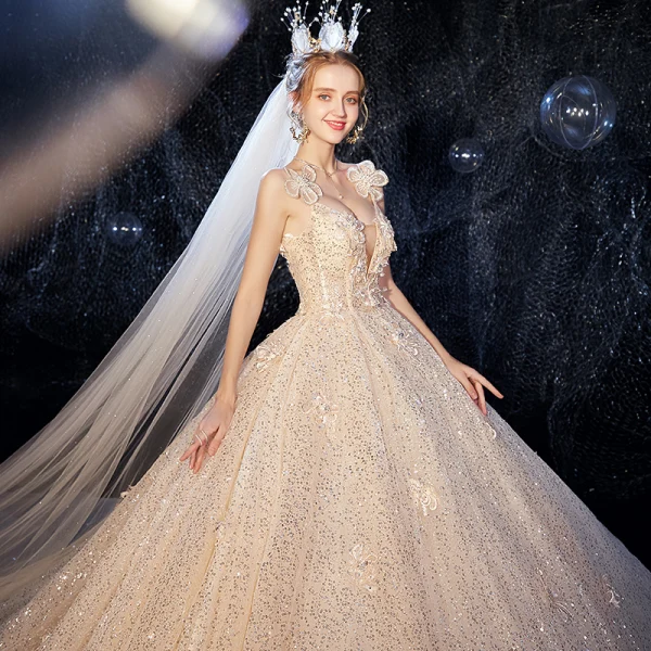 Elegant Champagne Wedding Dresses 2020 Ball Gown Flower Spaghetti Straps Deep V-Neck Sleeveless Backless Glitter Tulle Appliques Lace Sequins Beading Cathedral Train Ruffle