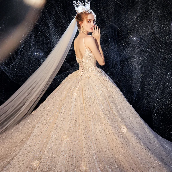 Elegant Champagne Wedding Dresses 2020 Ball Gown Flower Spaghetti Straps Deep V-Neck Sleeveless Backless Glitter Tulle Appliques Lace Sequins Beading Cathedral Train Ruffle