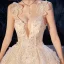 Elegant Champagne Wedding Dresses 2020 Ball Gown Flower Spaghetti Straps Deep V-Neck Sleeveless Backless Glitter Tulle Appliques Lace Sequins Beading Cathedral Train Ruffle