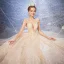 Elegant Champagne Wedding Dresses 2020 Ball Gown Flower Spaghetti Straps Deep V-Neck Sleeveless Backless Glitter Tulle Appliques Lace Sequins Beading Cathedral Train Ruffle