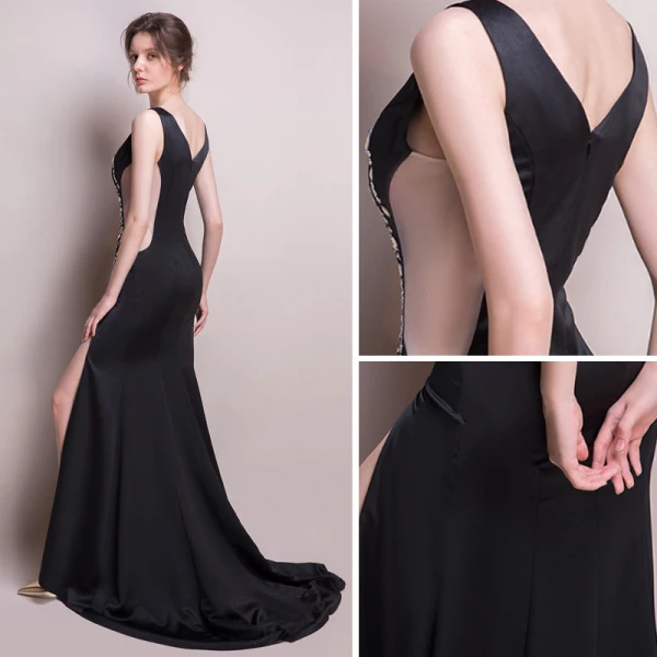 Sexy Noire Transparentes Robe De Soirée 2018 Trompette / Sirène V-Cou Sans Manches Faux Diamant Perlage Fendue devant Tribunal Train Dos Nu Robe De Ceremonie