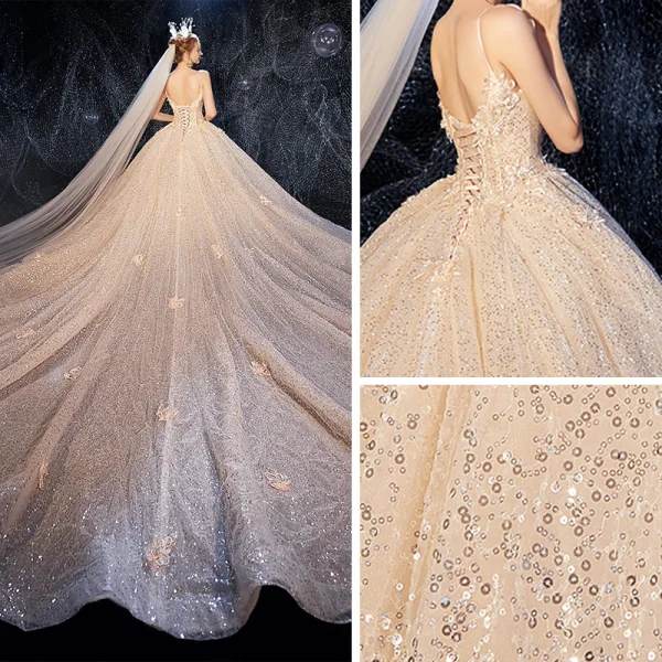 Elegant Champagne Wedding Dresses 2020 Ball Gown Flower Spaghetti Straps Deep V-Neck Sleeveless Backless Glitter Tulle Appliques Lace Sequins Beading Cathedral Train Ruffle