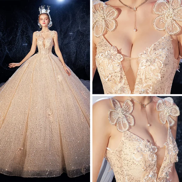 Elegant Champagne Wedding Dresses 2020 Ball Gown Flower Spaghetti Straps Deep V-Neck Sleeveless Backless Glitter Tulle Appliques Lace Sequins Beading Cathedral Train Ruffle