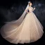 Vintage Champagner Durchsichtige Brautkleider / Hochzeitskleider 2020 Ballkleid Stehkragen Kurze Ärmel Rückenfreies Pailletten Perlenstickerei Glanz Tülle Rüschen Kathedrale Schleppe