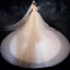 Vintage Champagner Durchsichtige Brautkleider / Hochzeitskleider 2020 Ballkleid Stehkragen Kurze Ärmel Rückenfreies Pailletten Perlenstickerei Glanz Tülle Rüschen Kathedrale Schleppe