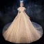 Vintage Champagner Durchsichtige Brautkleider / Hochzeitskleider 2020 Ballkleid Stehkragen Kurze Ärmel Rückenfreies Pailletten Perlenstickerei Glanz Tülle Rüschen Kathedrale Schleppe